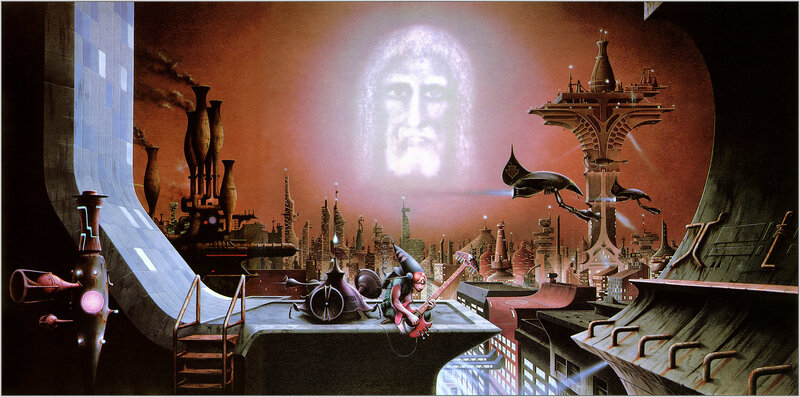 futuristic cityscape with giant face