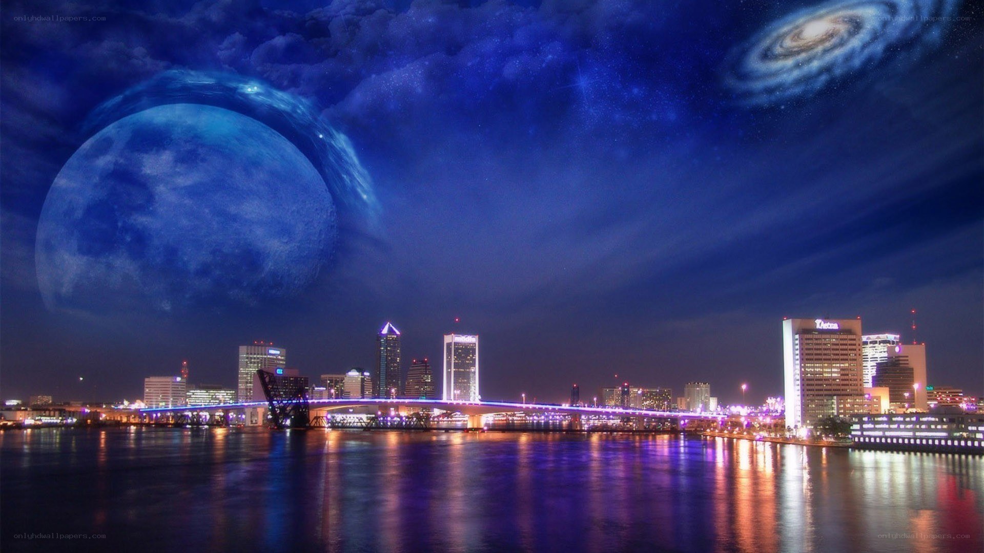 Futuristic cityscape with giant moon