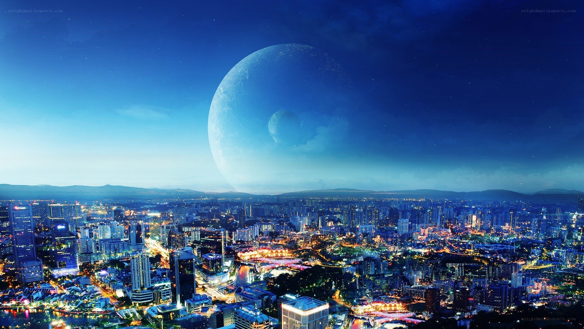 futuristic cityscape with giant moon