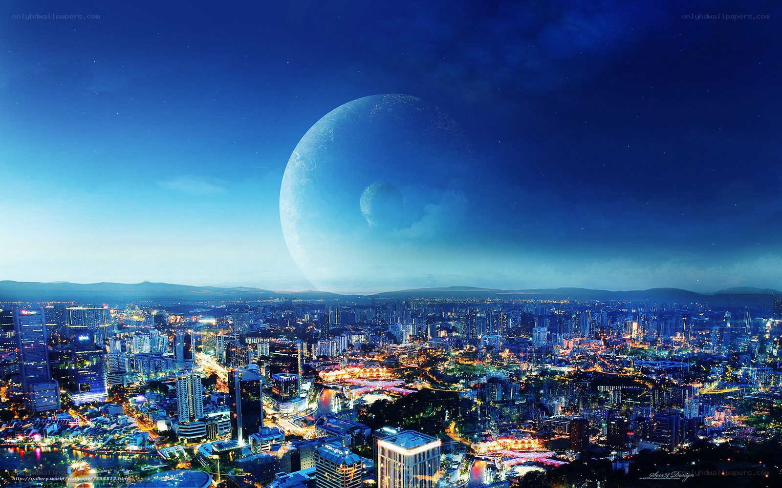Futuristic cityscape with giant moon