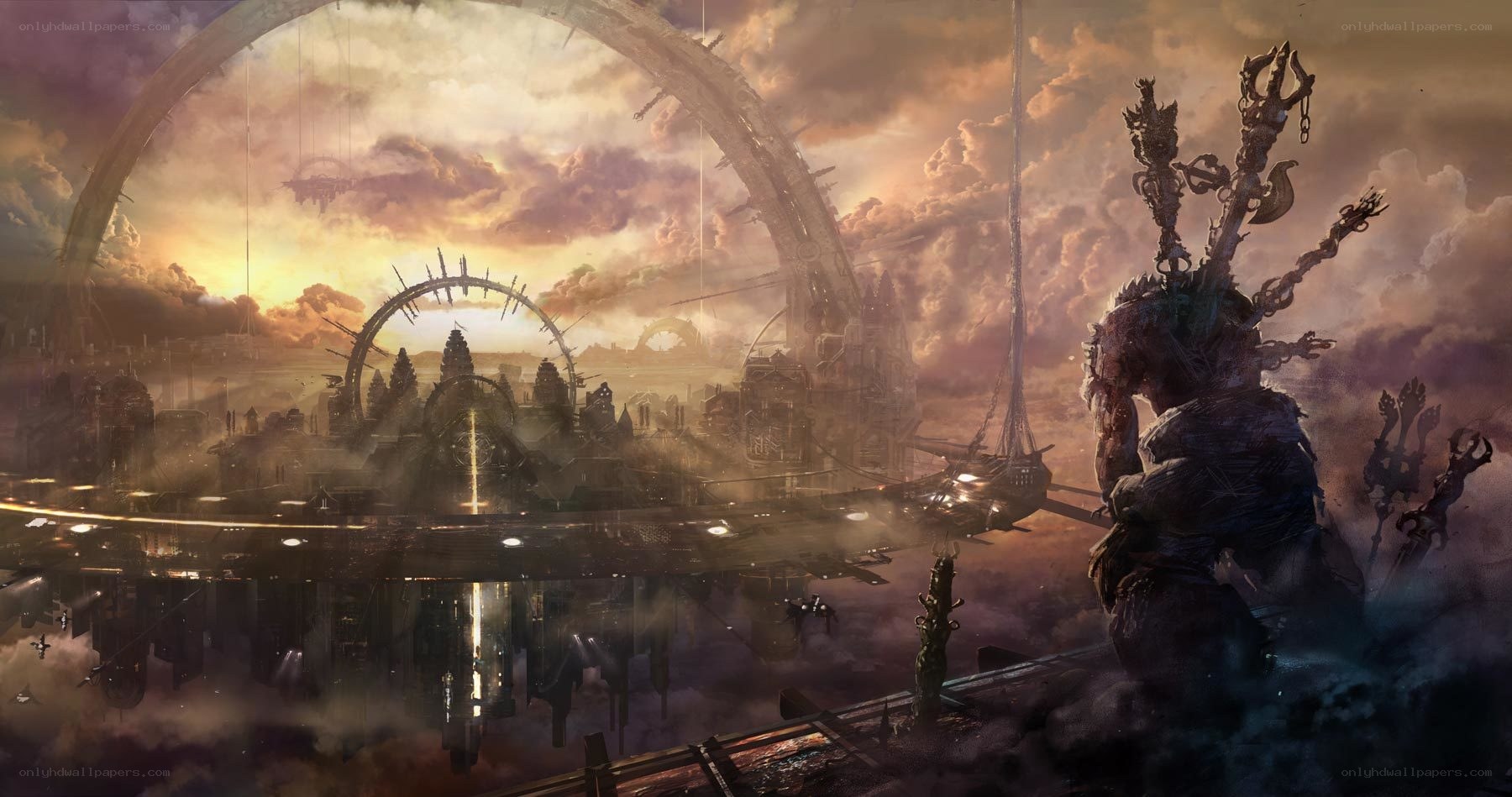 futuristic cityscape with giant statue