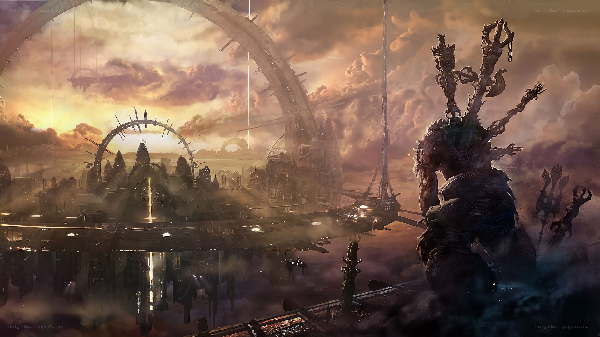 futuristic cityscape with giant statue