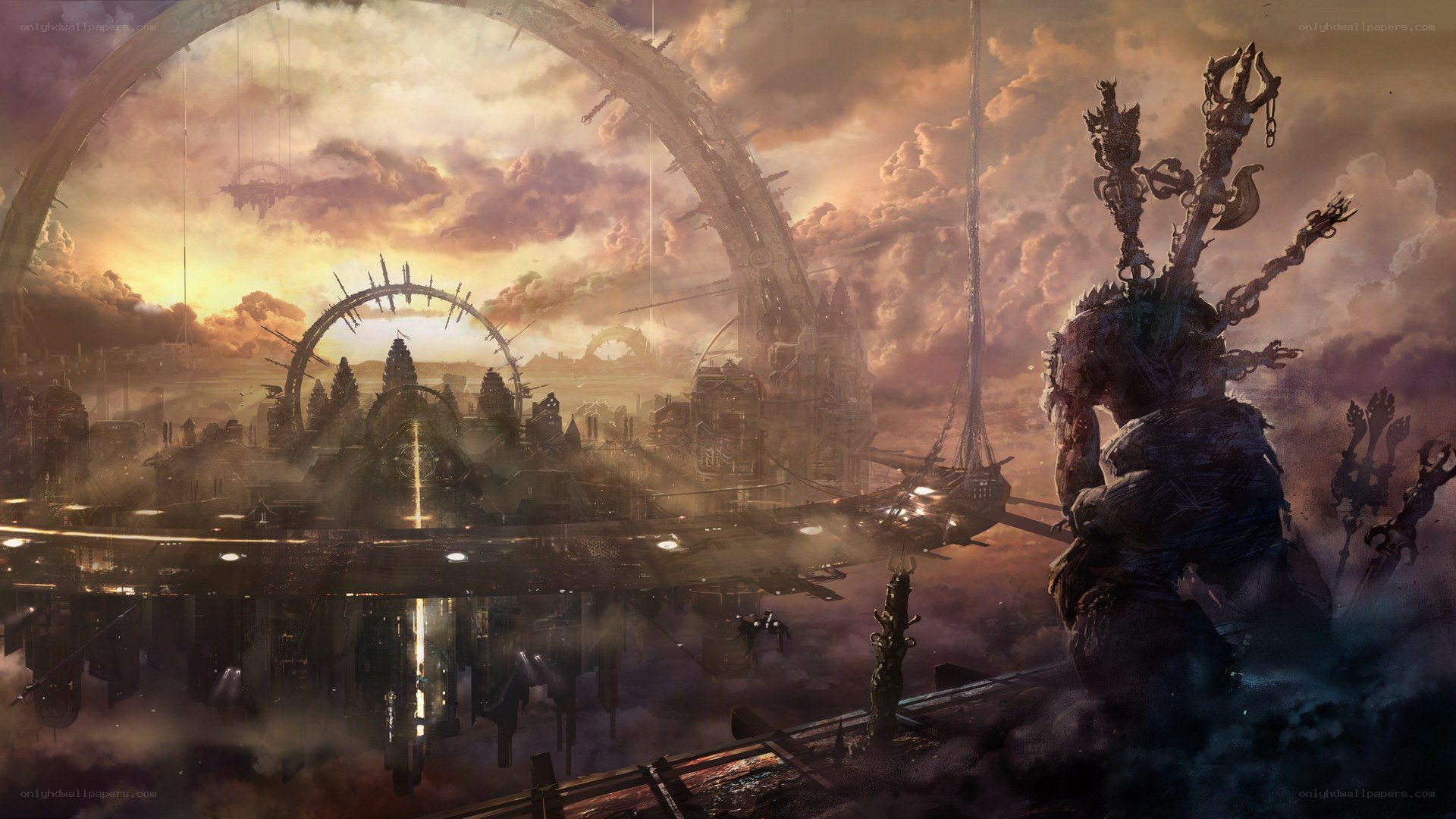 futuristic cityscape with giant statue