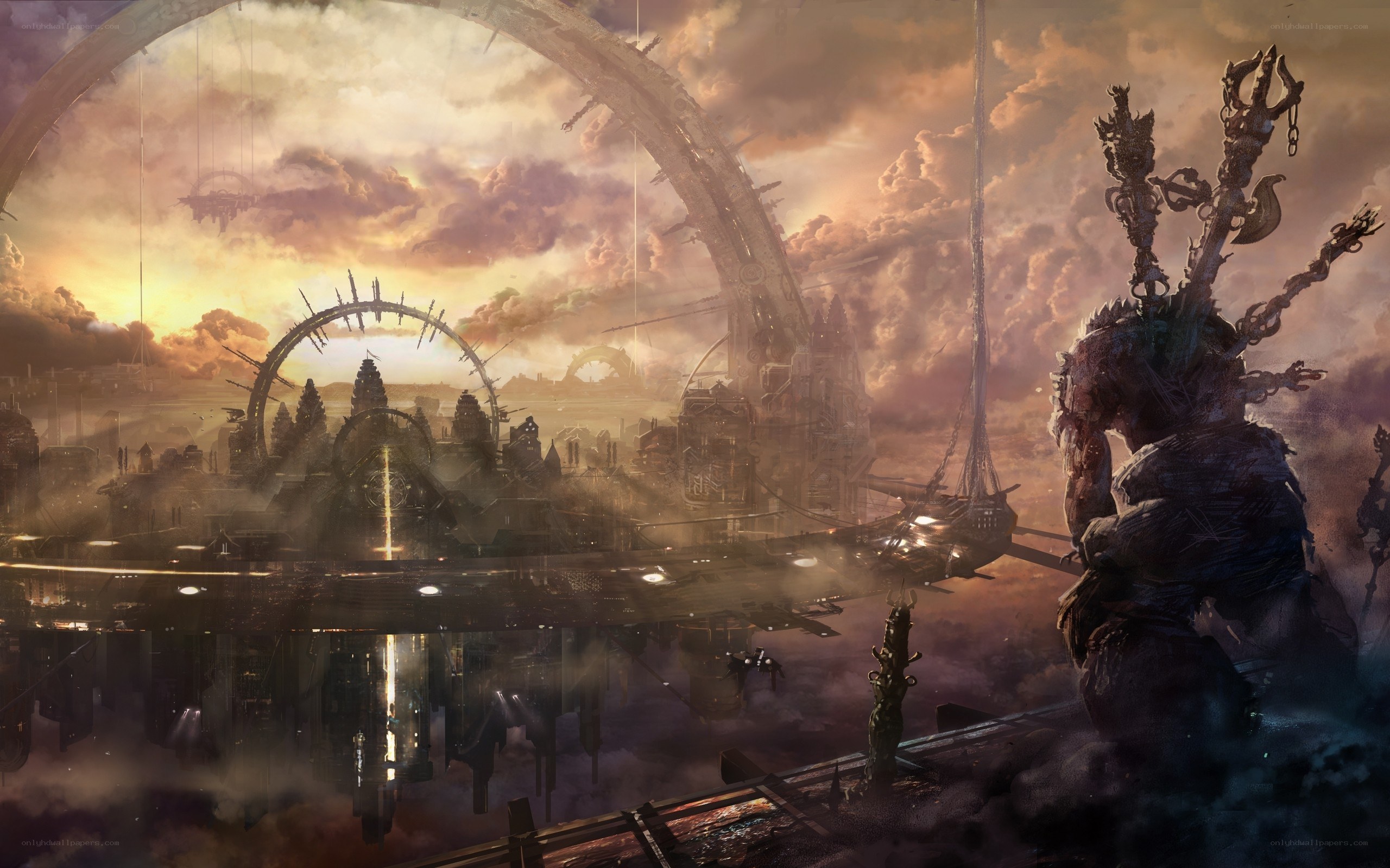 futuristic cityscape with giant statue