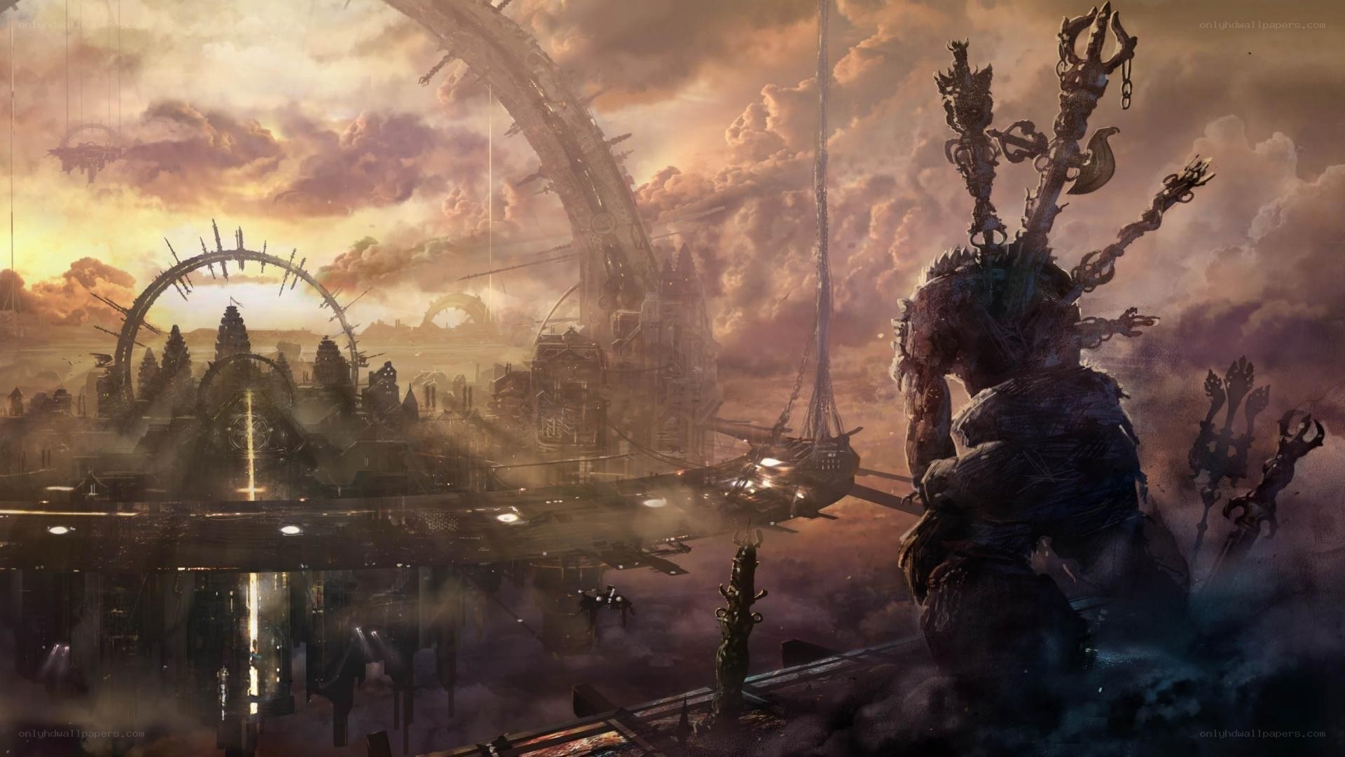 futuristic cityscape with giant statue