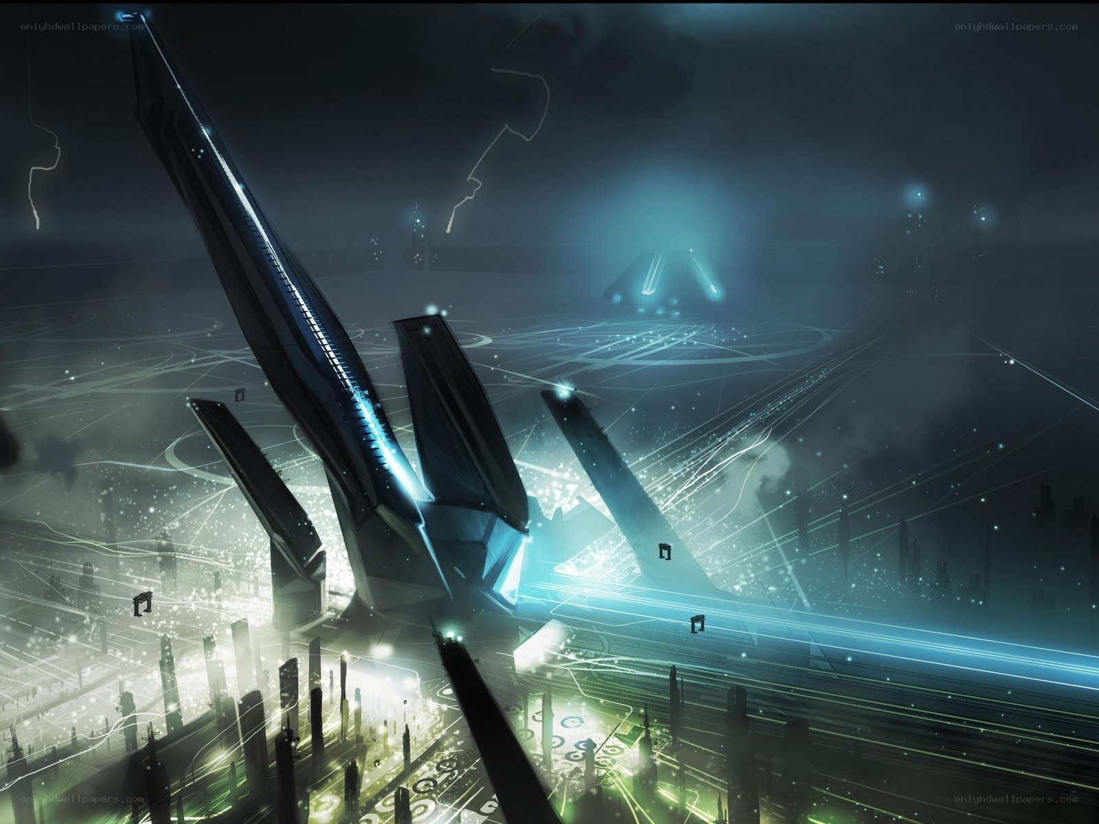 futuristic cityscape with glowing structures