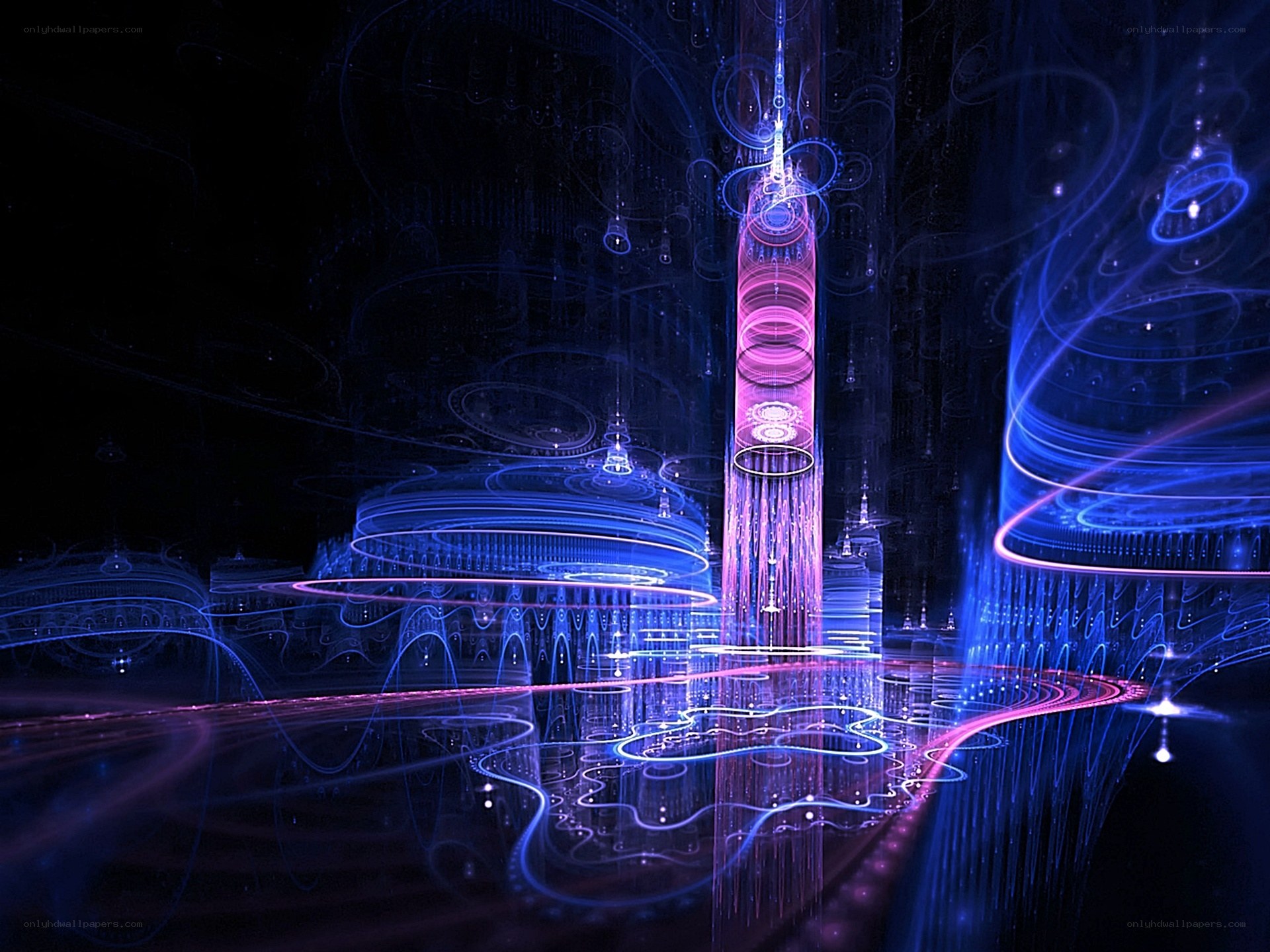futuristic cityscape with glowing towers