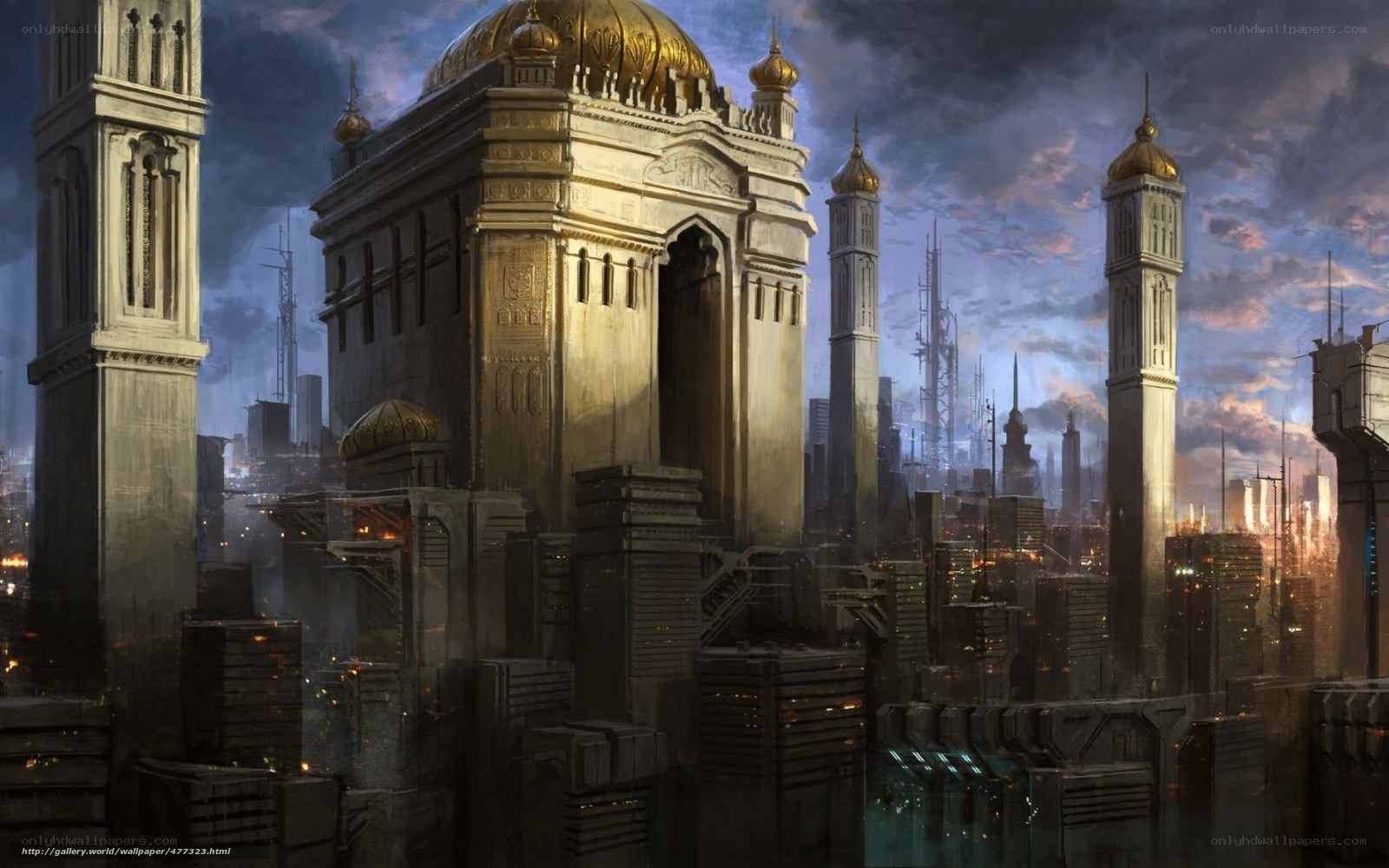 futuristic cityscape with golden domes