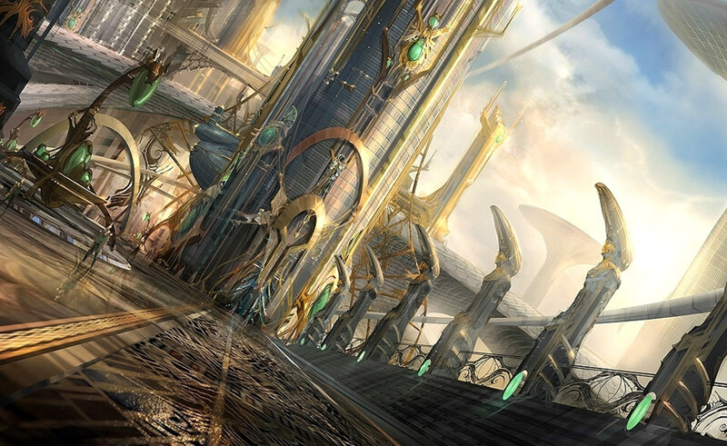 futuristic cityscape with golden structures