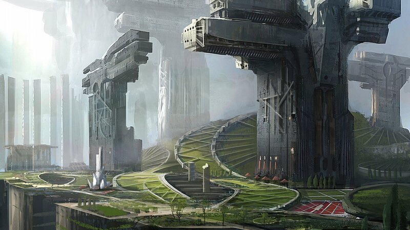 futuristic cityscape with green gardens