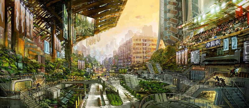 futuristic cityscape with greenery