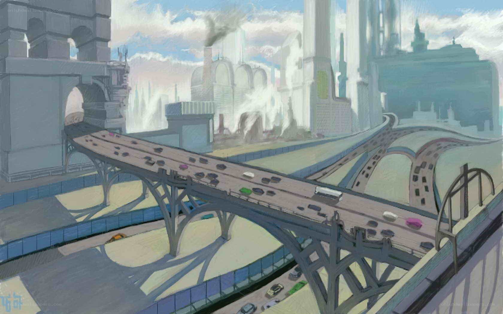 futuristic cityscape with highways