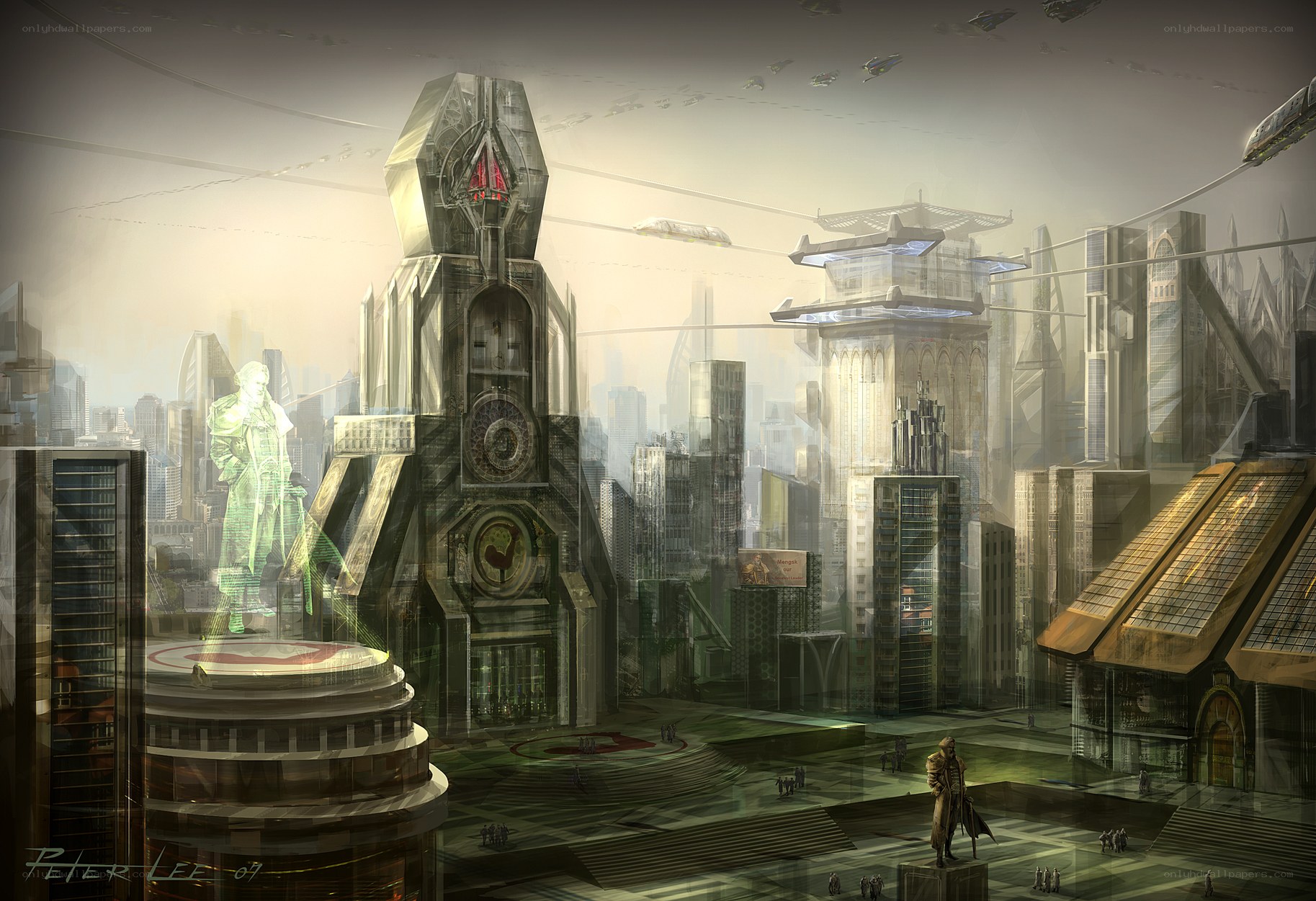 Futuristic cityscape with holograms