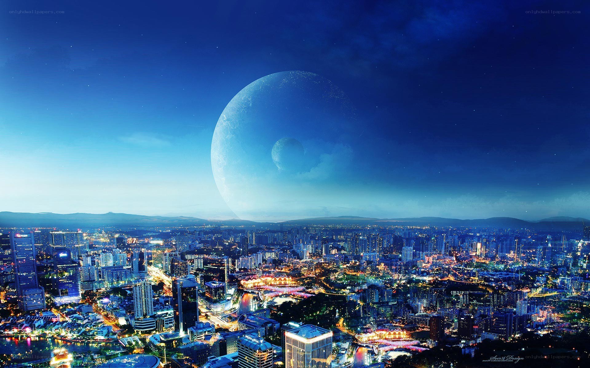 Futuristic cityscape with large moon