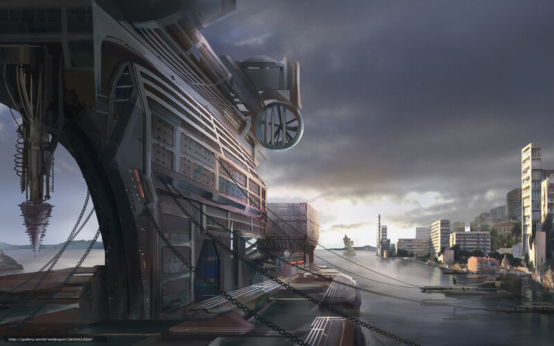 Futuristic cityscape with large vessel