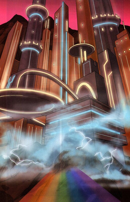 futuristic cityscape with lightning