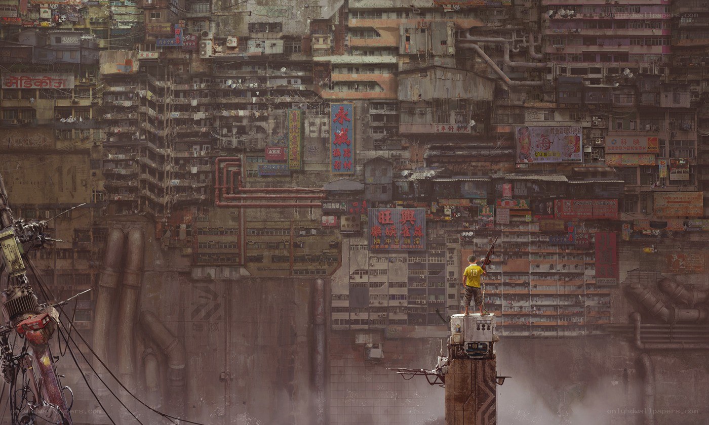 Futuristic cityscape with lone figure
