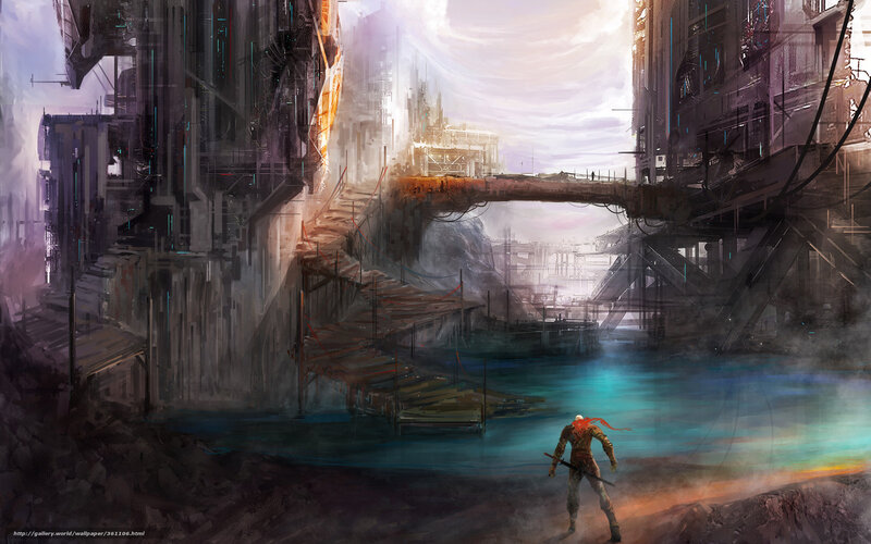 futuristic cityscape with lone warrior