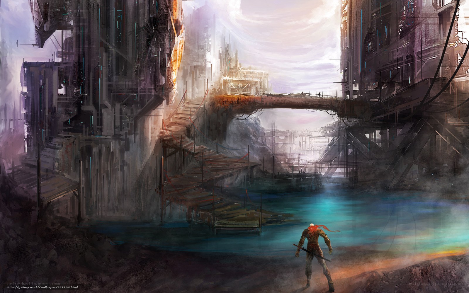 futuristic cityscape with lone warrior