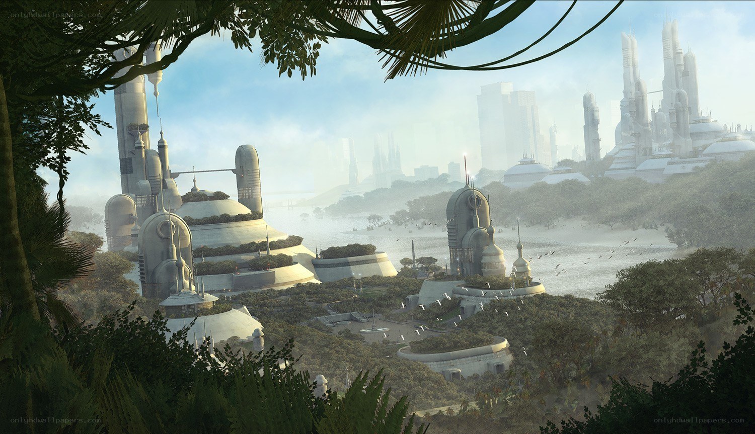 futuristic cityscape with lush greenery