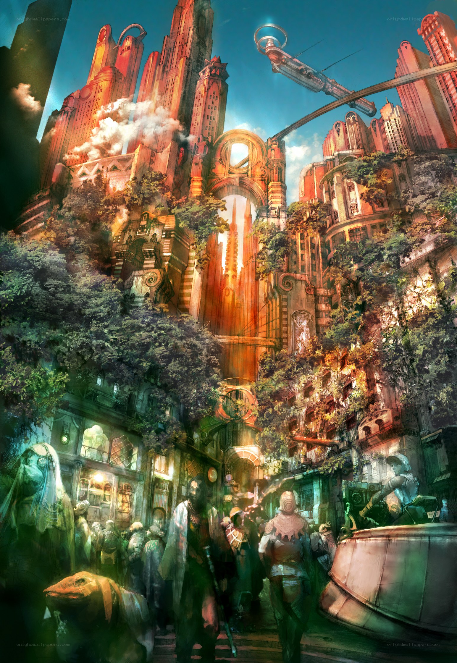 Futuristic cityscape with lush greenery
