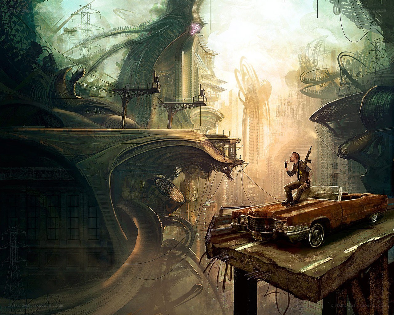 futuristic cityscape with man on car