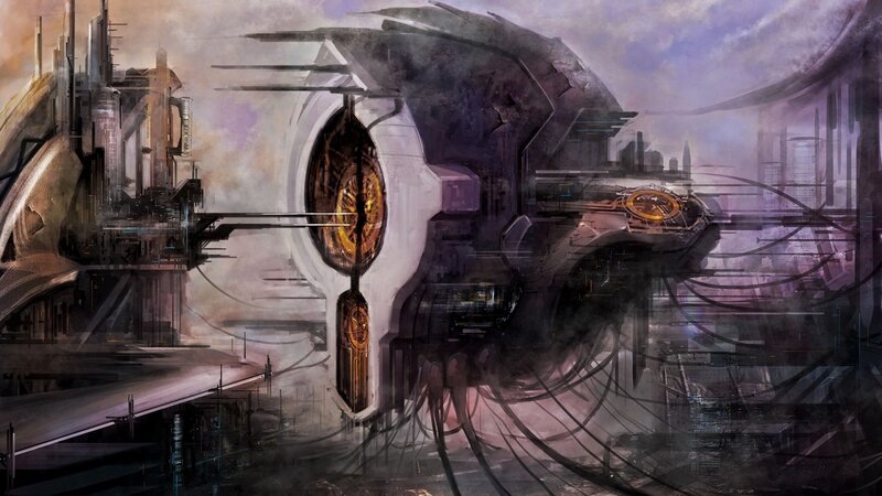 futuristic cityscape with mechanical structures