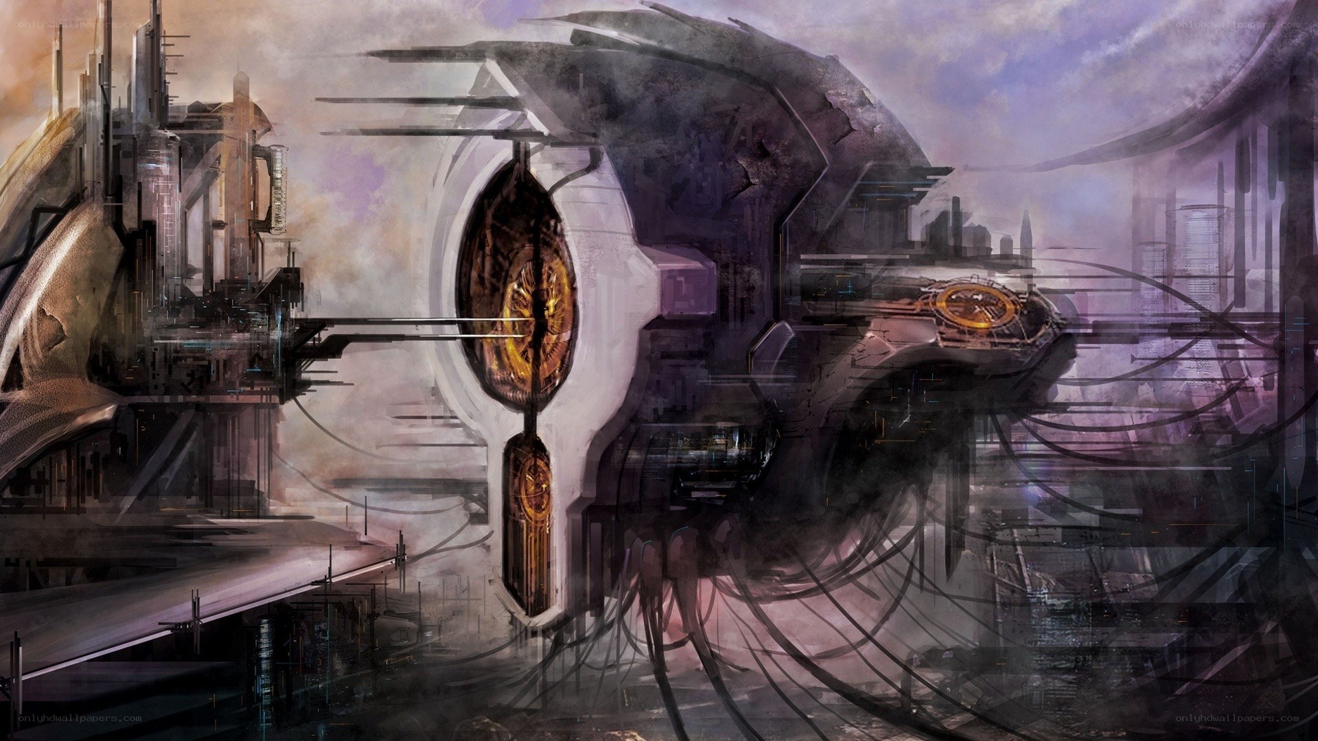 futuristic cityscape with mechanical structures