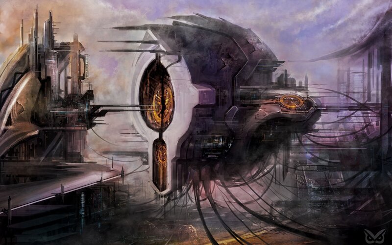 futuristic cityscape with mechanical structures
