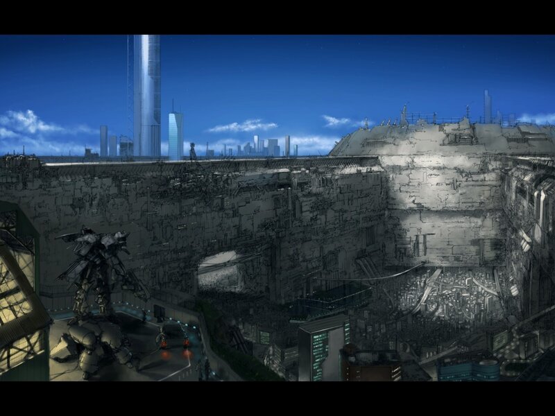 futuristic cityscape with mechs