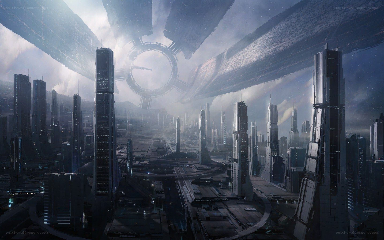 futuristic cityscape with megastructure