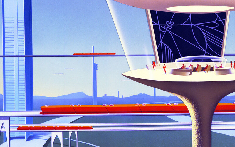 futuristic cityscape with monorail