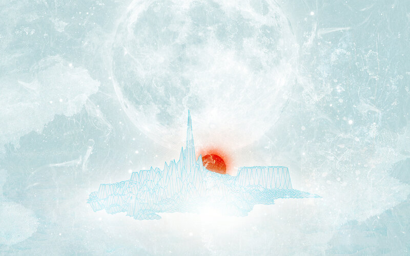 Futuristic cityscape with moon