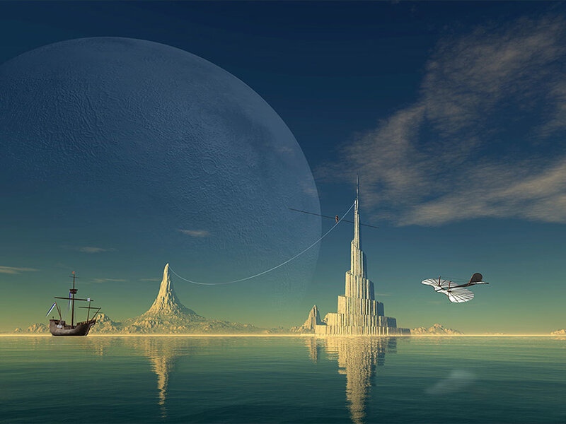Futuristic cityscape with moon