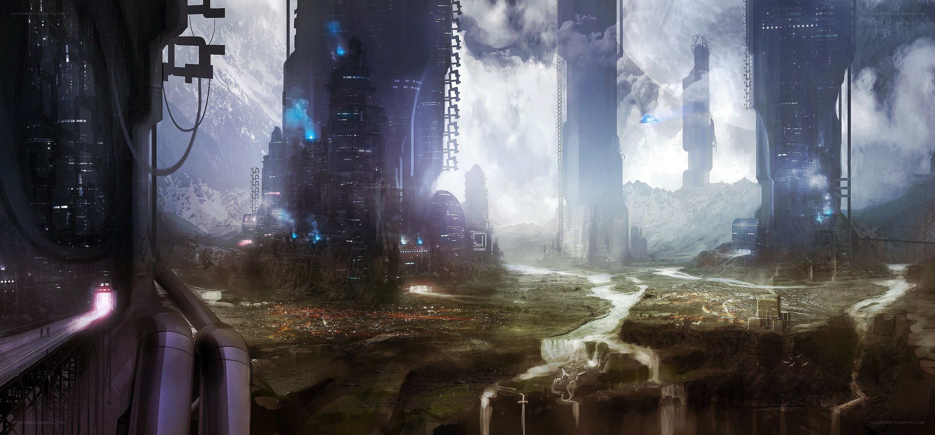 futuristic cityscape with mountains