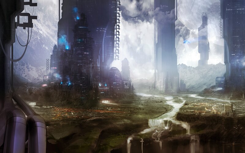 futuristic cityscape with mountains