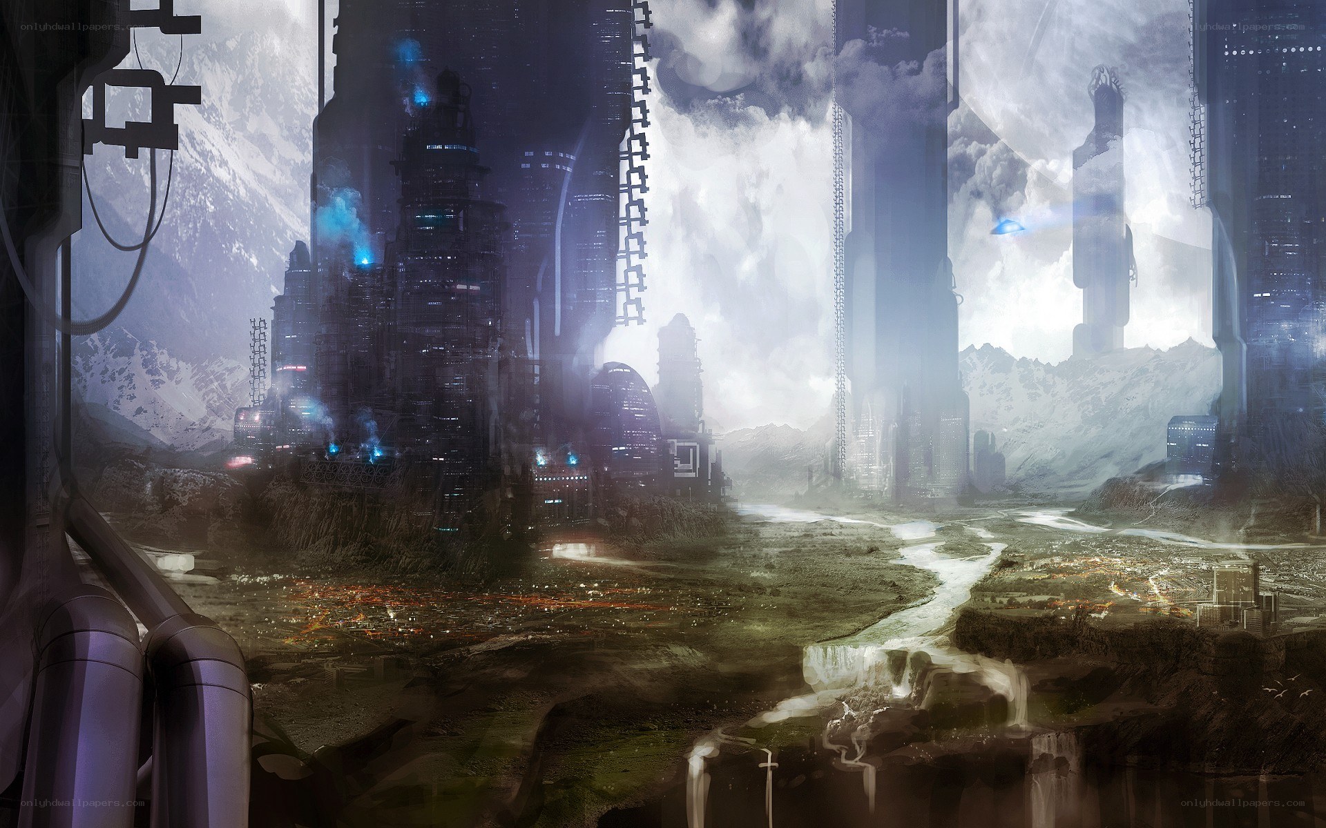 futuristic cityscape with mountains