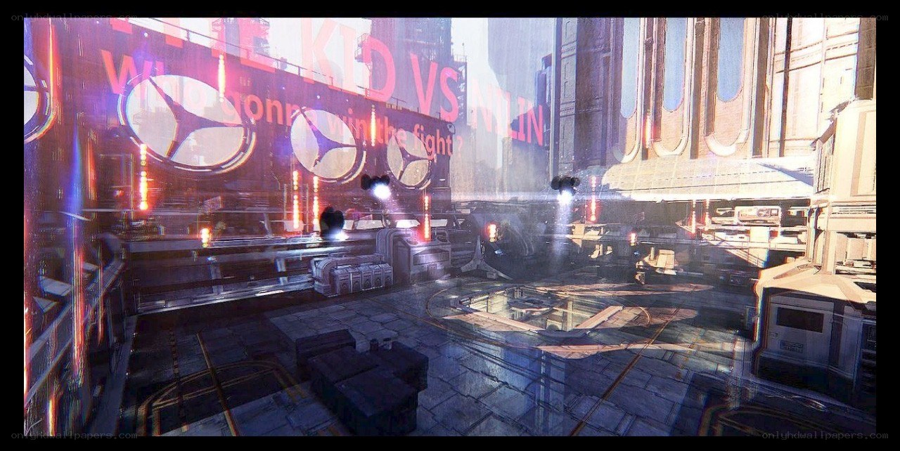 futuristic cityscape with neon signs