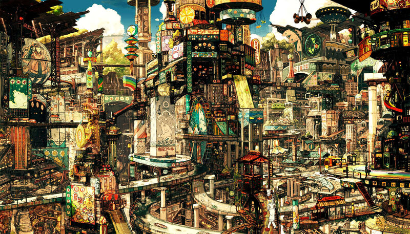 Futuristic cityscape with neon signs