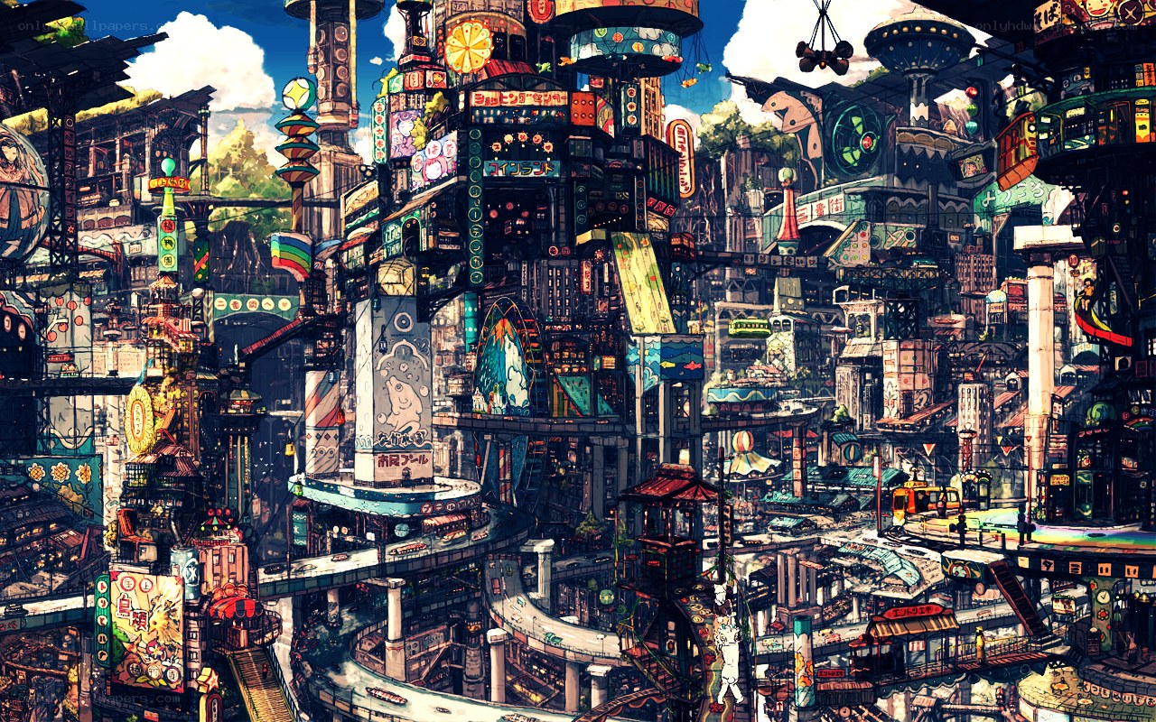 Futuristic cityscape with neon signs