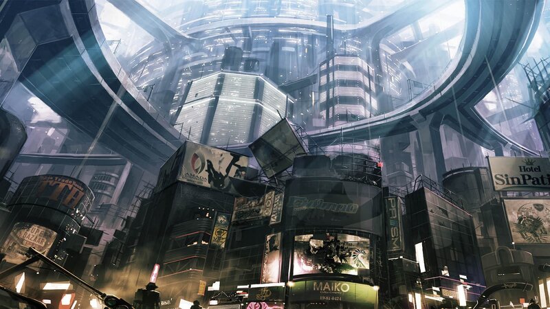 futuristic cityscape with neon signs