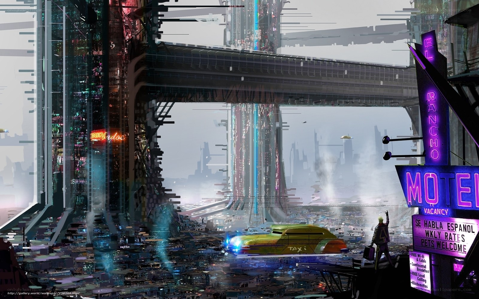 futuristic cityscape with neon signs