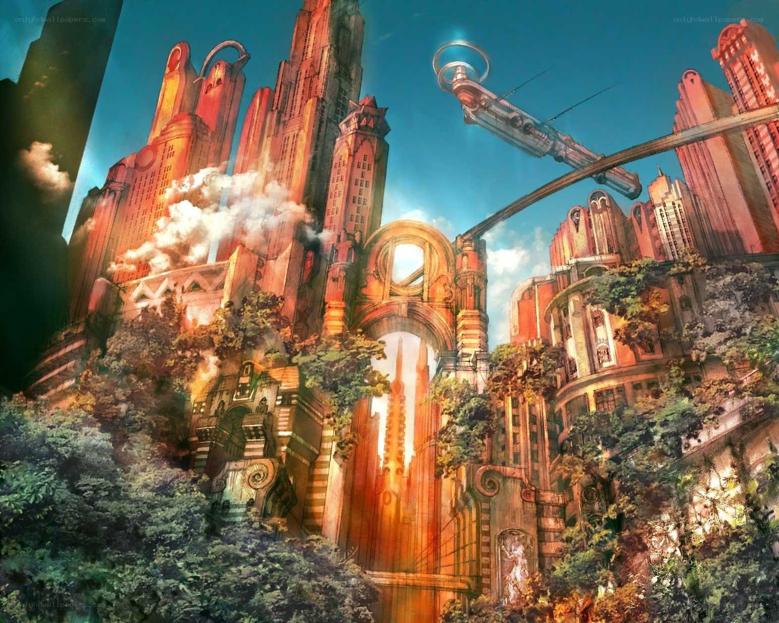 futuristic cityscape with overgrown architecture