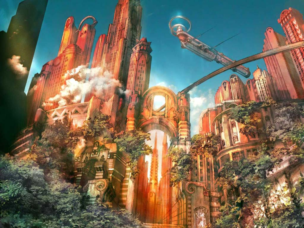 futuristic cityscape with overgrown architecture