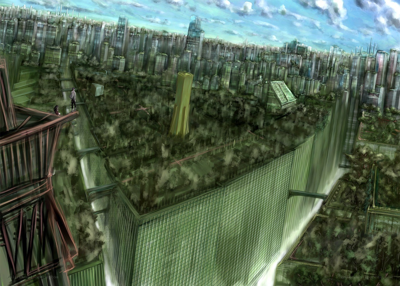 futuristic cityscape with overgrown buildings
