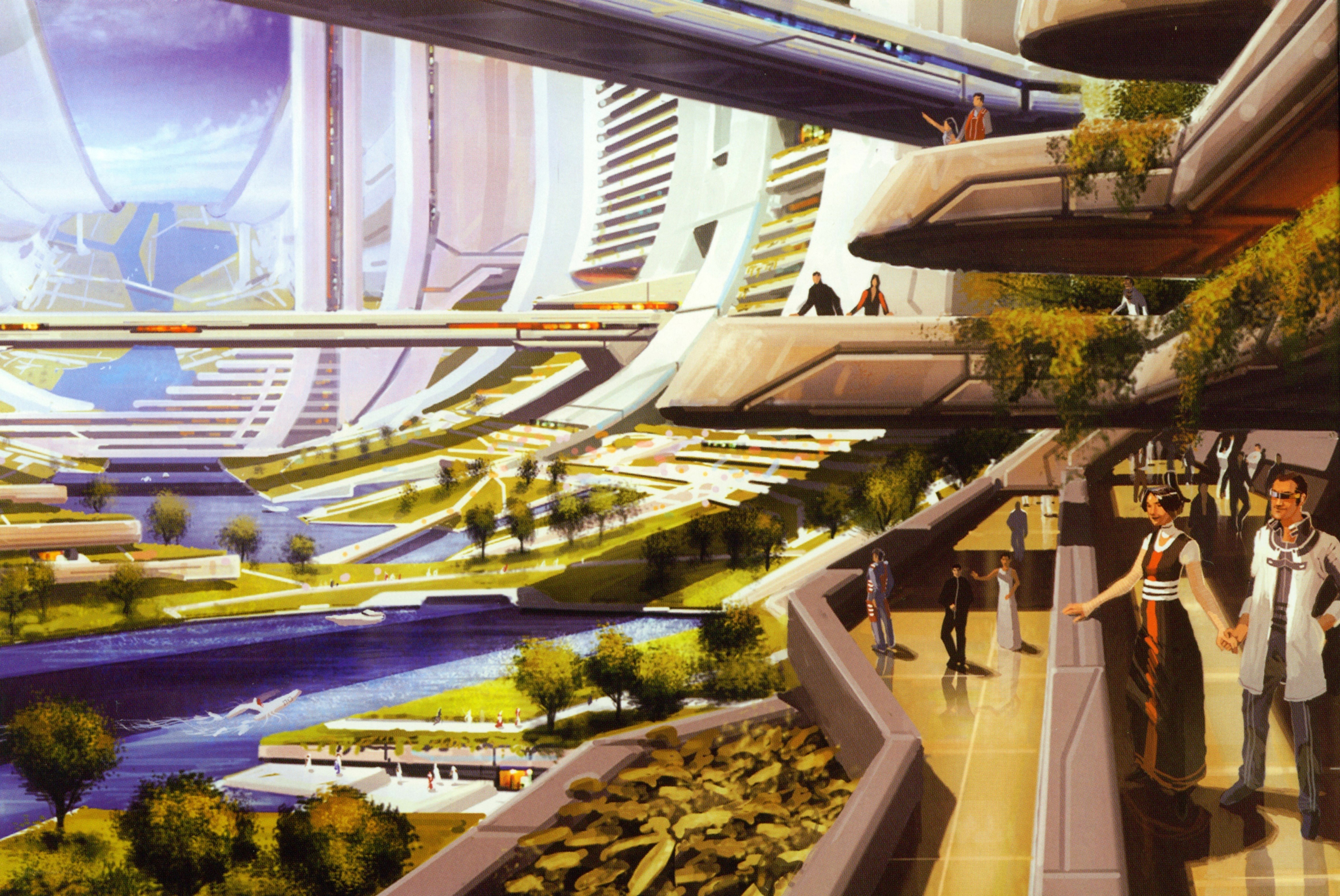 futuristic cityscape with people