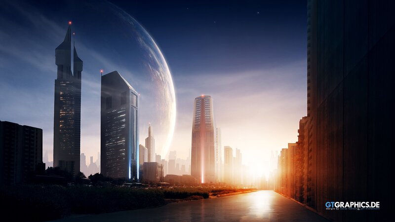 futuristic cityscape with planet