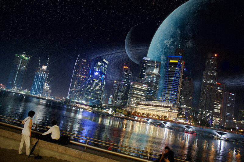 Futuristic cityscape with planet