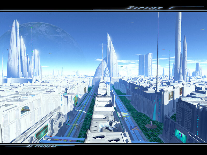 futuristic cityscape with planet