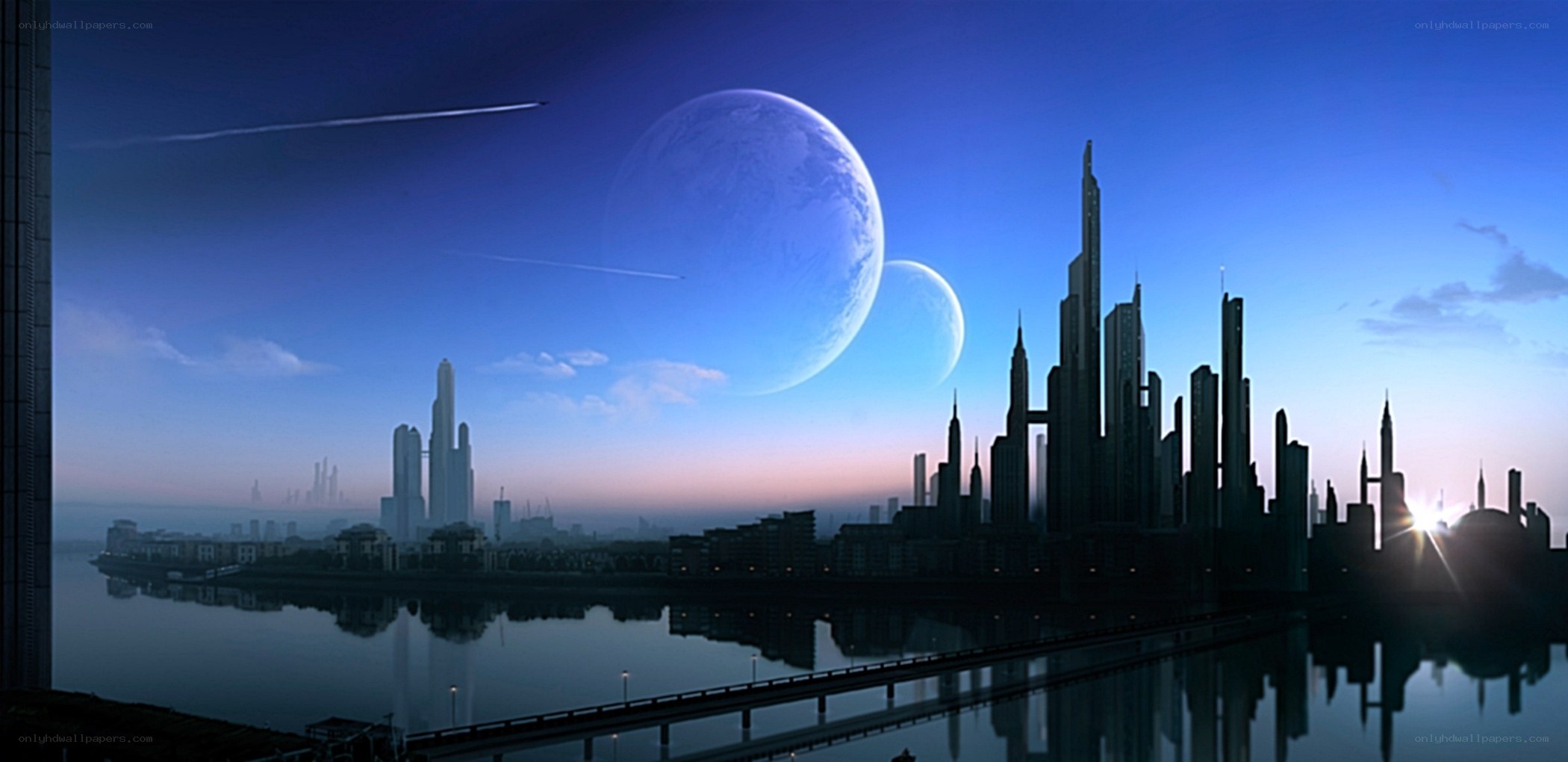 futuristic cityscape with planets
